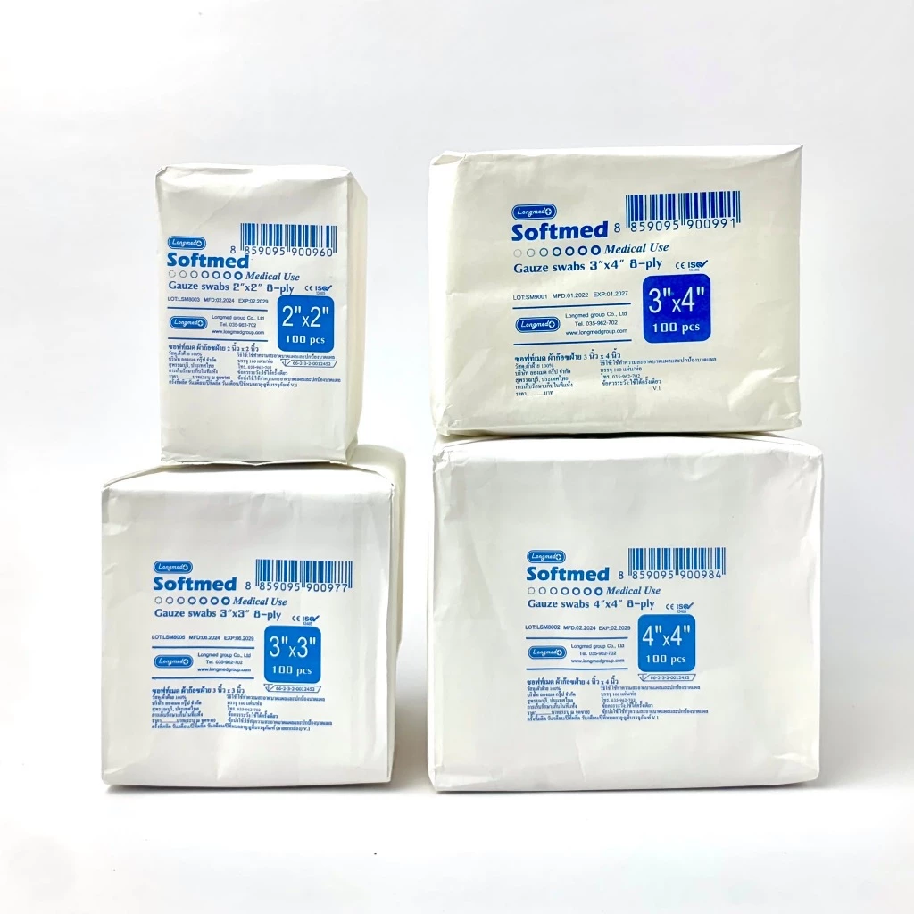 Longmed Softmed ผ้าก๊อซฝ้าย 100% ห่อบรรจุ 100 แผ่น ซอฟท์เมด Gauze Swabs 8-ply