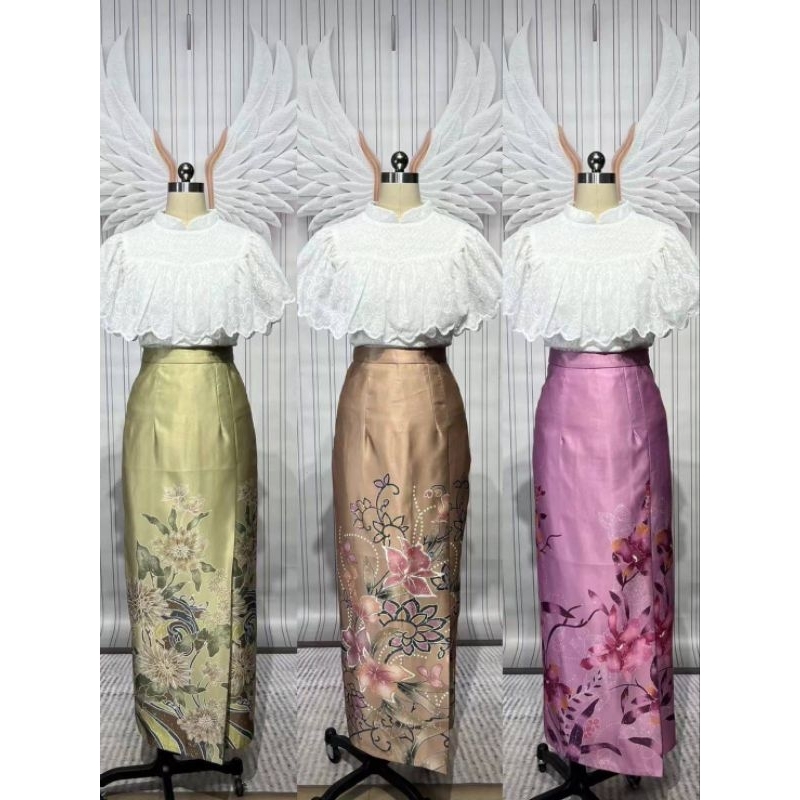XL-4XLชุดเซ็ททำบุญมาใหม่ เสื้อขาวฉลุลาย+ผ้าถุงลายสวยใส่ทำบุญออกงานได้ทุกโอกาส