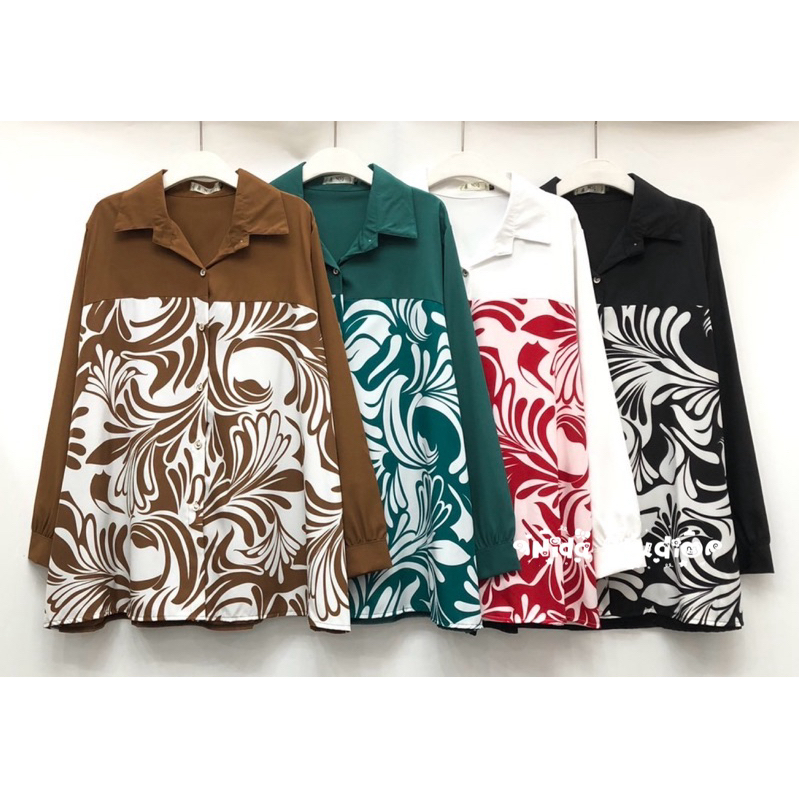เสื้อเชิ้ตแขนยาว ผ้าไหมอิตาลี ดีเทลแต่งต่อผ้าพื้น ทรง oversize ไซส์ใหญ่