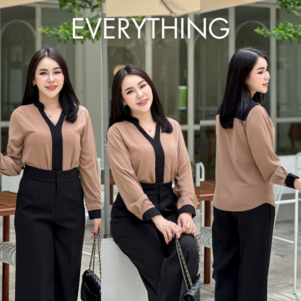 Everything2019 เสื้อผู้หญิงคอวีจีนสาป แขนยาว ทูโทน ทรงเก๋ ใส่สบายไม่ร้อน เสื้อทำงานผู้หญิง (6388)