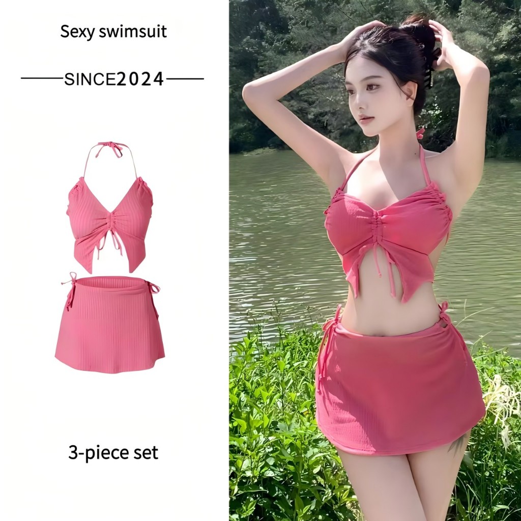 Swift Bra Bikini บิกินี่เซ็ต 3 ชิ้น ชุดว่ายน้ำผู้หญิง บิกินี่ทรงผีเสื้อ กระโปรงผูกโบว์ ผ้าเนื้อดี