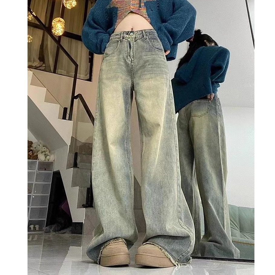 Weandall Jeans-กางเกงยีนส์วินเทจเอวสูงผ้าไม่ยืดกางเกงขายาว กางเกงยีนส์ขากว้าง #8537