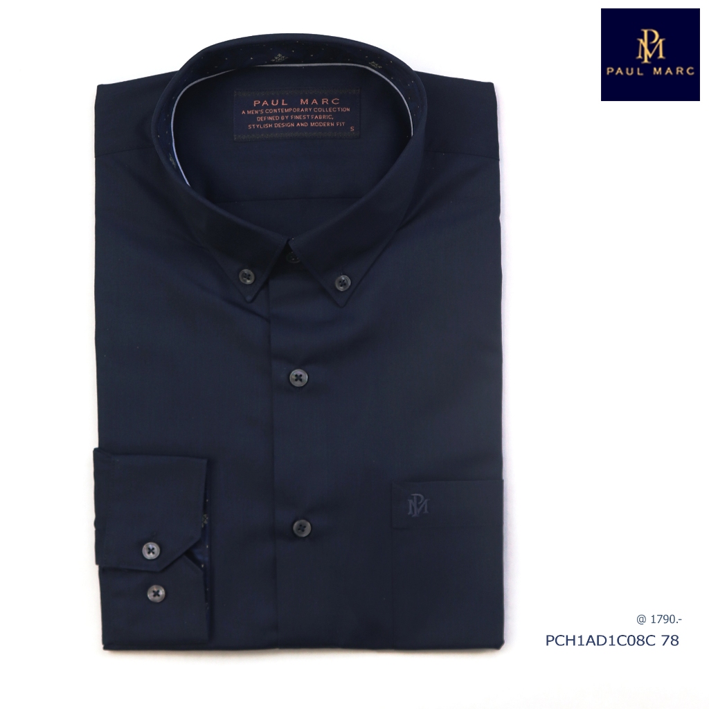 PAUL MARC เสื้อเชิ้ตแขนยาว ปกbutton down สีกรมท่า slim fit signature twill ผ้านุ่ม PCH1AD1C08C