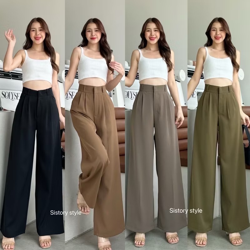 Acasey กางเกงขายาวผู้หญิง กระบอกใหญ่ ทรงClassic pants เอวสูงปรี๊ด (ผ้าลิลลี่ พรีเมียร์) ป้ายsis