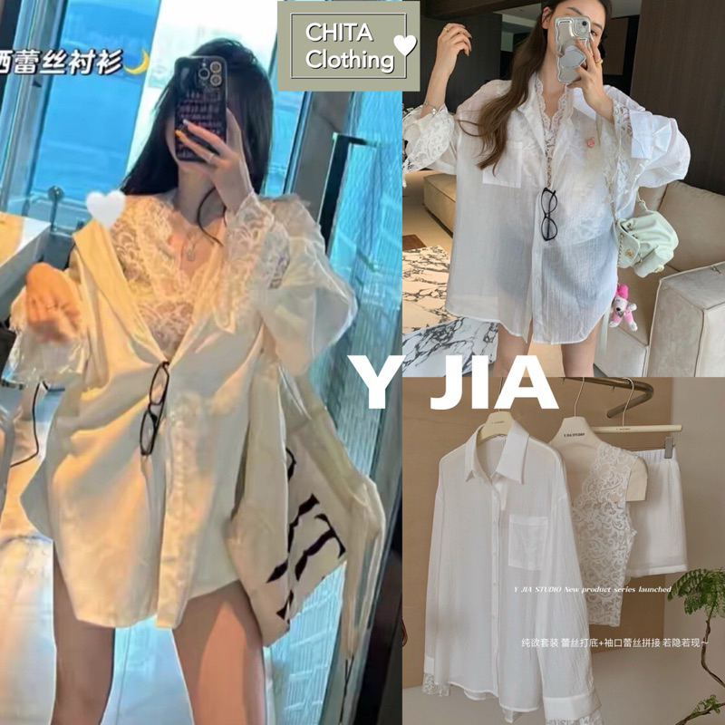 2103# set 3 pcs. เสื้อคอวีแขนกุด งานผ้าฉลุลูกไม้ + เสื้อเชิ๊ตคอปก แขนยาว+กางเกงขาสั้น TAG Y.JIA STUDIO
