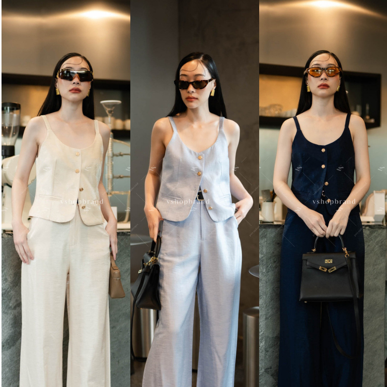 พร้อมส่ง Set เสื้อสายเดี่ยวกระดุมทอง+กก.ขายาว+เข็มขัด งานป้าย vshopbrand