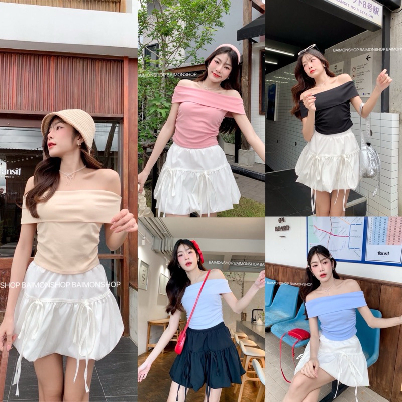 เสื้อปาดไหล่ พับได้ผ้ายูนิโคล่💕