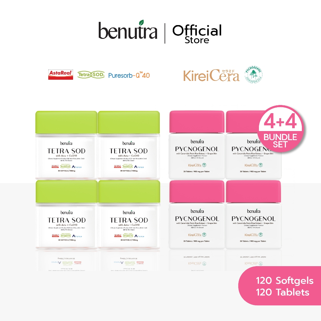 [เซ็ท 4+4] Benutra Tetra SOD + PYCNOGENOL (บีนูทร่า เตตระ เอสโอดี วิท แอสต้า พลัส โคคิวเท็น+พิกโนจีนอล วิท เซราไมด์ )