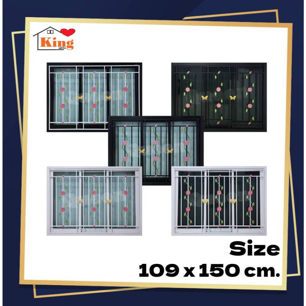 หน้าต่างบานเลื่อน 3 ช่องพร้อมเหล็กดัดดอกไม้[แนวตั้ง]109x150cm》ลายใหม่《สีอบพาสเทลPowderCoat[ถูกสวยดีมีคุณภาพ]ล็อกซ้าย-ขวา