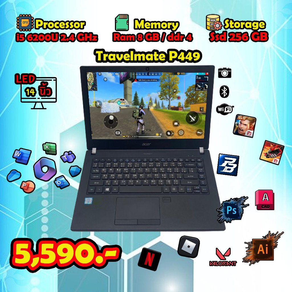 โน๊ตบุ๊คมือสอง Acer Core i5 Gen6 Ram 8 GB  SSD 256 GB จอ14" เกมส์หรืองานกราฟฟิกลื่น