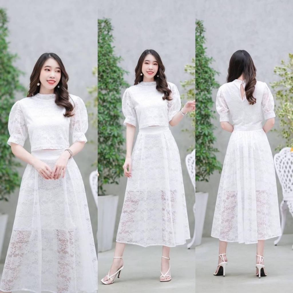ชุดลูกไม้ ใส่งานบุญ งานบวช บวชนาค ใส่ไปงานเลี้ยง งานแต่ง ใส่เท ชุดเซตเสื้อครอป กระโปรงยาว  สีขาว ดำ ชมพู พร้อมส่ง