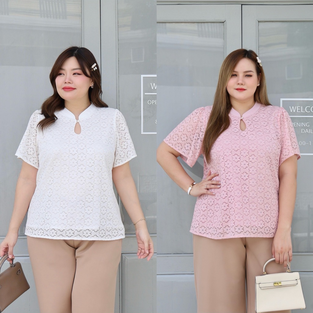 S490-0041 เสื้อลูกไม้คอจีน สีขาว สีชมพู ตัวกว้าง เสื้อลูกไม้พลัสไซส์ ลูกไม้สาวอวบ