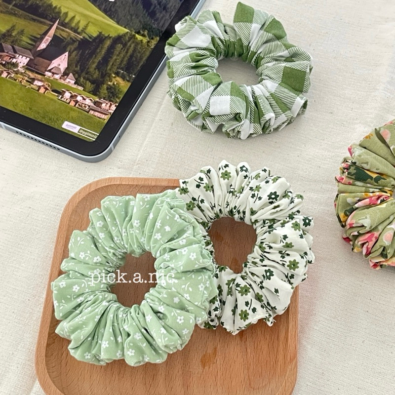 ยางรัดผมผ้าฝ้าย Scrunchies ยางรัดผมโทนสีเขียว สไตล์เกาหลี ยางรัดผมสำหรับผู้หญิง ยางมัดผม