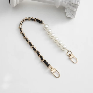 สายกระเป๋า สายหนังpu พันโซ่ 🌈โซ่เปียถัก+มุก สายถือ 32-33 cm.🌈 pu pearl strap