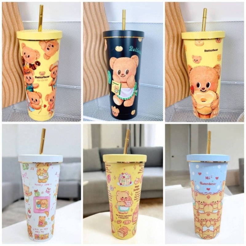 แก้วน้ำเก็บอุณหภูมิ​ ลาย Butter bear ขอบทอง​ ขนาด 750 ml งานคุณภาพดี สกรีนสวย​ พร้อมหลอดสแตนเลสสีทอง​ ราคา 319 บาท