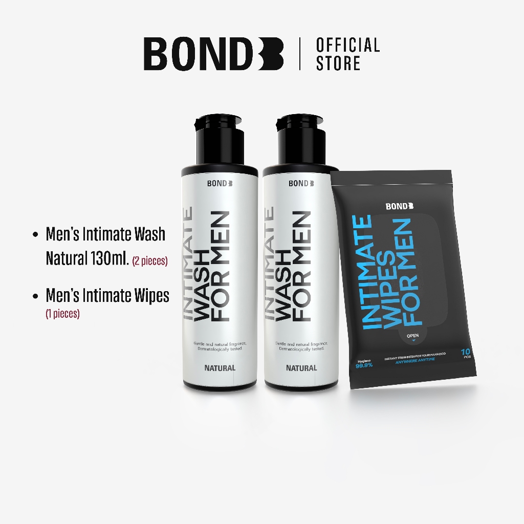 Bond Men's Intimate Wash Natural 130 ml. (สูตรอ่อนโยน) 2 ขวด + Bond Men's Wipes 1 ห่อ