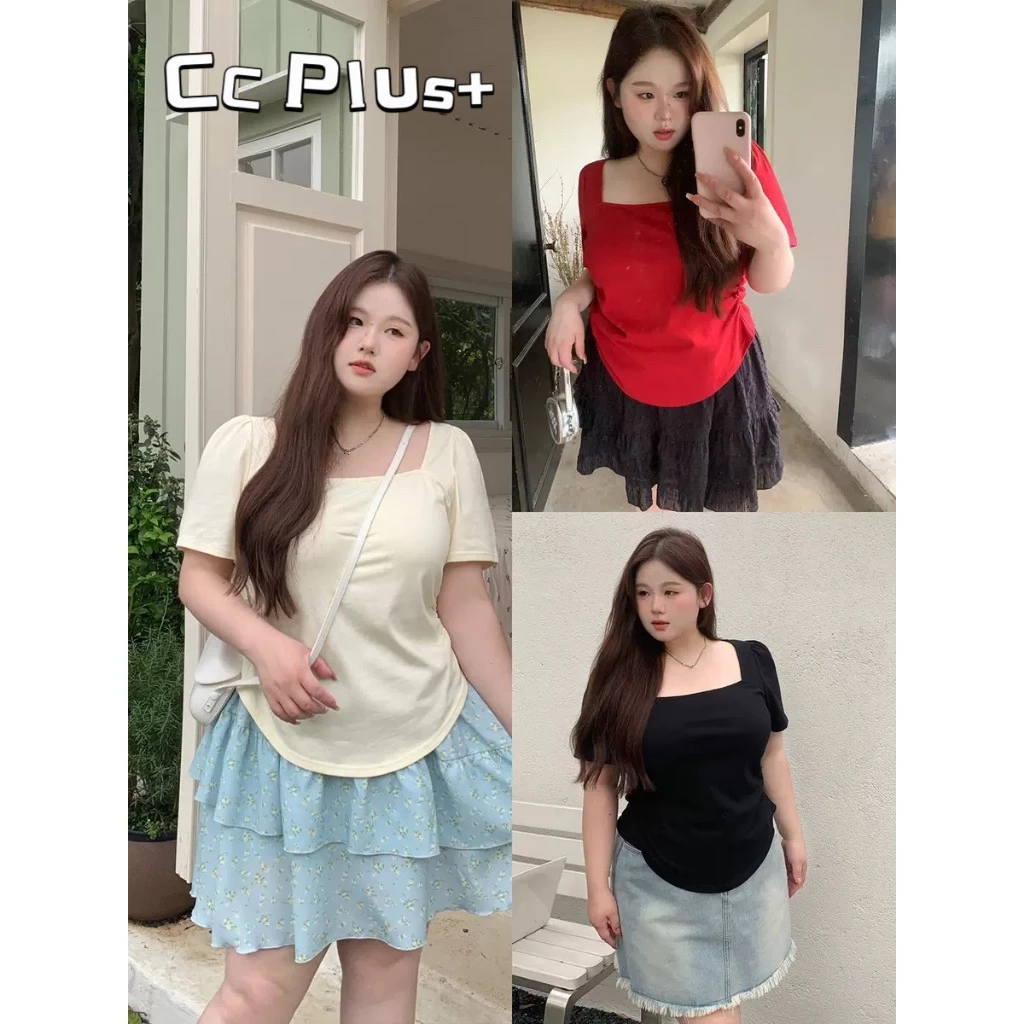 CC Plus+ (J1368)เสื้อไหมพรมคอเหลี่ยมแขนสั้นดีเทลจ้ำเอวสไตล์เกาหลี เหมาะสำหรับสาวพลัสไซส์