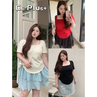 CC Plus+ (J1368)เสื้อไหมพรมคอเหลี่ยมแขนสั้นดีเทลจ้ำเอวสไตล์เกาหลี เหมาะสำหรับสาวพลัสไซส์