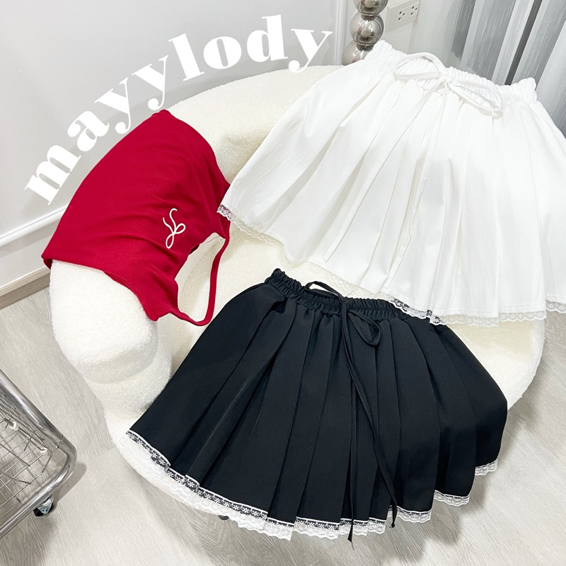 mayylody กระโปรงสั้น จับจีบ สไตล์เวียดนาม แต่งชายลูกไม้น่ารักมาก เอวถึง-36 นิ้ว มีซับใน กระโปรงเทนนีส กระโปรง