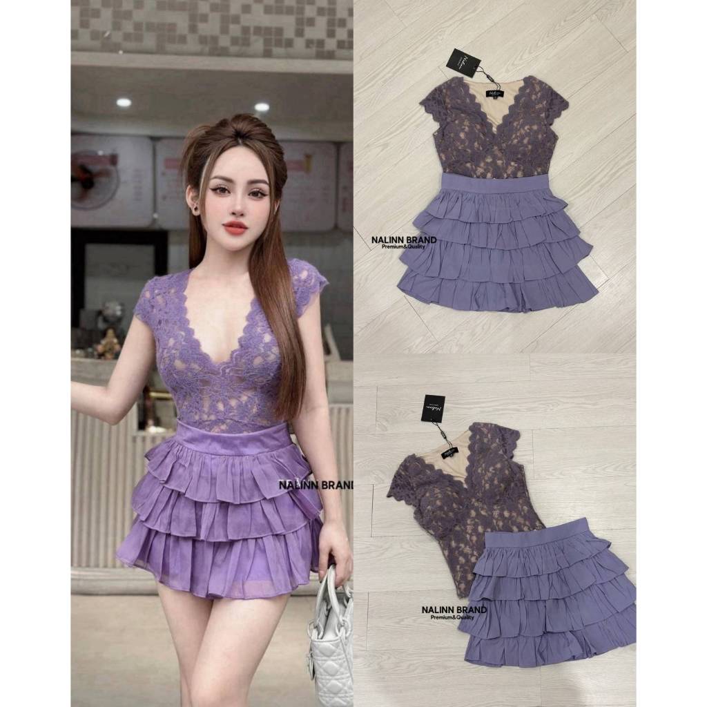 Nalinn SET 2 ชิ้น เสื้อลูกไม้แขนสั้น อกเสริมฟอง ซับในสีเนื้อ ซิบข้าง