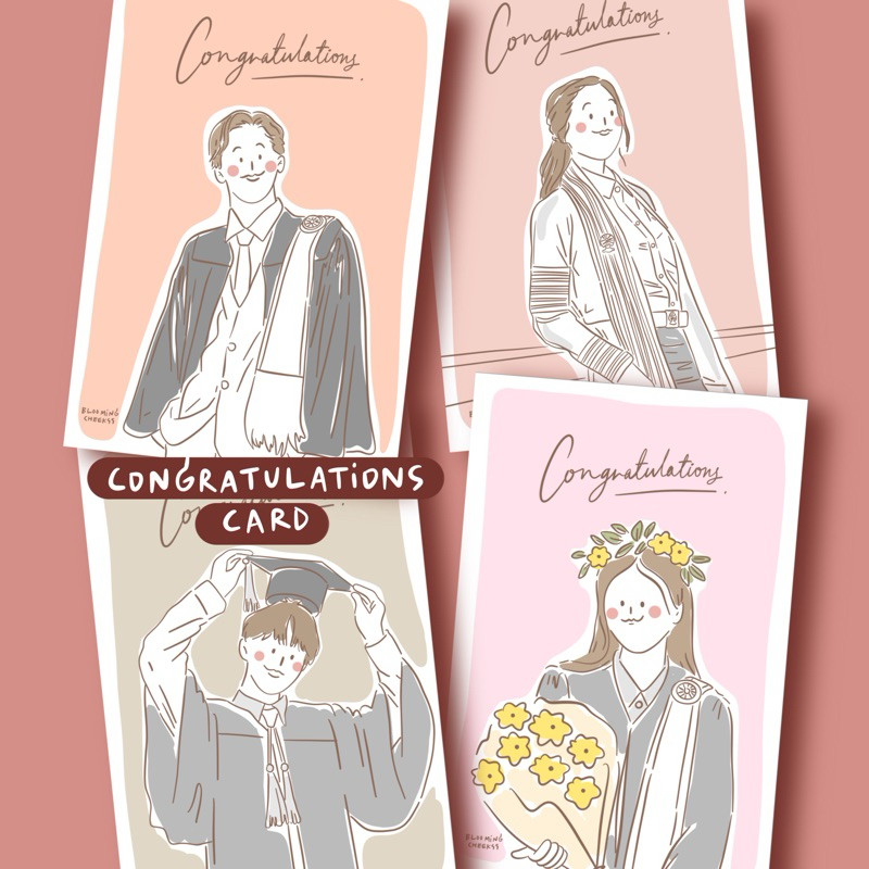 การ์ดพับ (มีซอง) Congratulations ภาพมินิมอล การ์ดอวยพรแสดงความยินดี ของขวัญเรียนจบ รับปริญญา