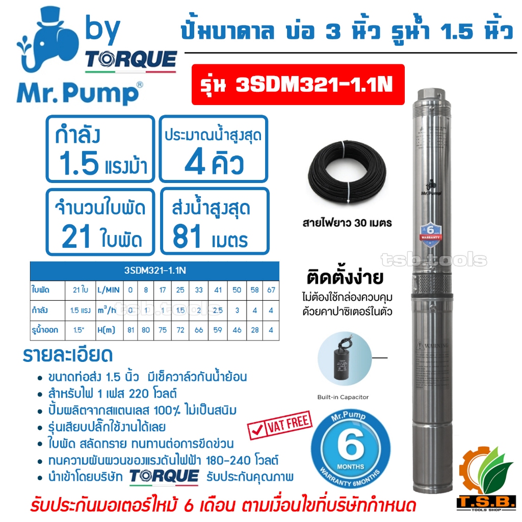 MR.PUMP (ซับเมอร์ส) ปั้มบาดาล ไฟ Ac 220V บ่อ 3 นิ้ว รูปที่ 4