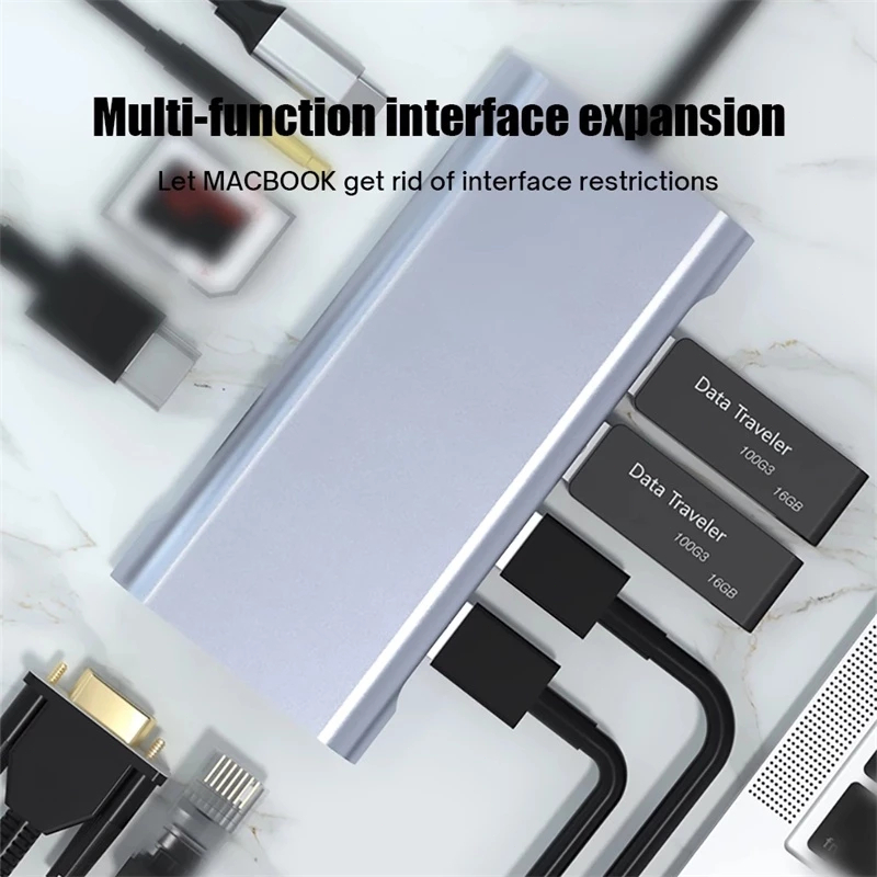 11-in-1 USB C HUB 3.0 Type-C Docking Station Splitter ถึง 4K HDMI VGA RJ45 Ethernet SD/TF Card Reader USB 3.0 87W PD ชาร