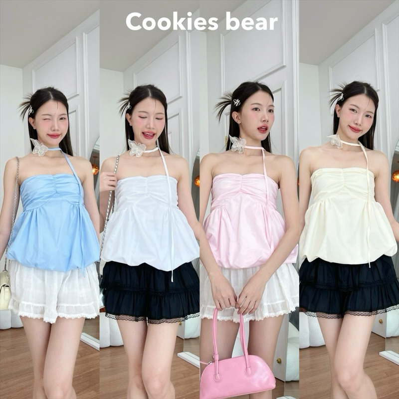 แถมดอกไม้ผูกคอ เสื้อเกาะอกจีบงานชายระบายพอง งานมีซับใน/K1-3/COOK-เกาะ2