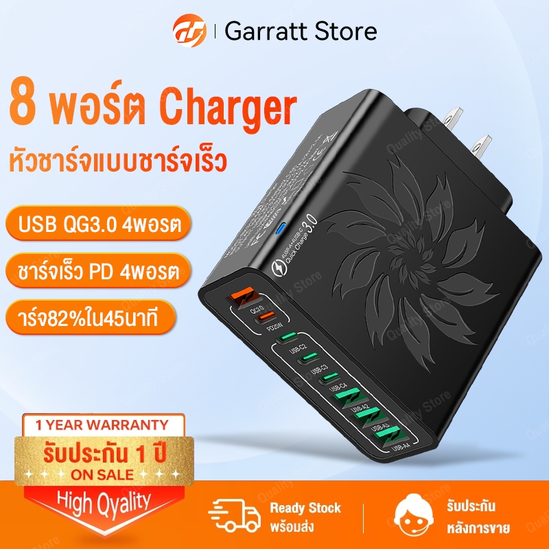 หัวชาร์จ 8 in 1 หัวชาร์จแบบชาร์จเร็ว 8 พอร์ต PD 120W ชาร์จเร็ว 8 พอร์ต Charger 4Type-C 4USB adapter fast charge อแดปเตอร