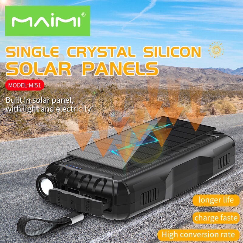 Maimiรุ่น Mi51 power bank Solar panels แบต40000mah 22.5W มีไฟฉายในตัว ออก2ช่องUSB ใช้งานได้ยาวนานทนท