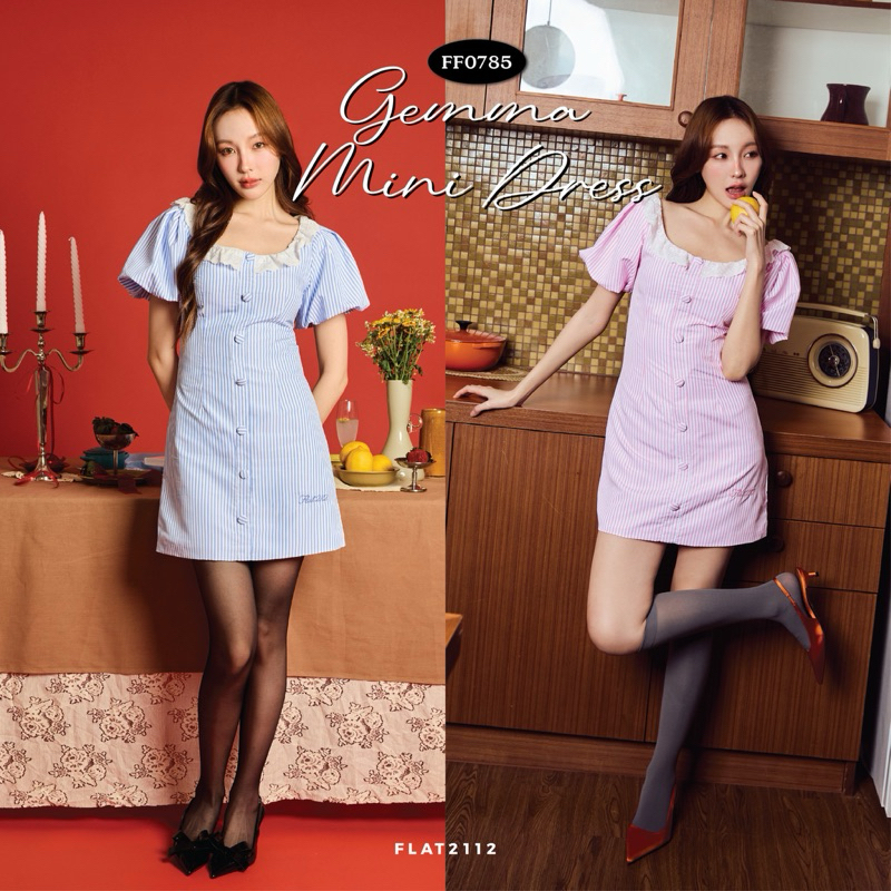 FLAT2112 FF0785 : GEMMA MINI DRESS มินิเดรส คอกว้าง แขนพอง