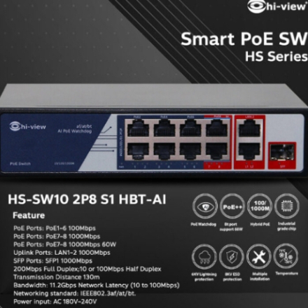 Hi-view POE Switch HS-SW10 2P8 HBT-AI รุ่น 10 พอร์ต รองรับการจ่ายไฟกล้อง IP แบบเสถียร รับประกัน 1 ปี