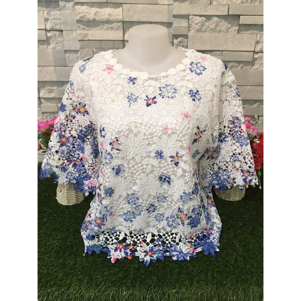 เสื้อลูกไม้ เสื้อสงกรานต์ เสื้อลายดอก พิมพ์ลายแขนสามส่วน รอบอก5205-4605