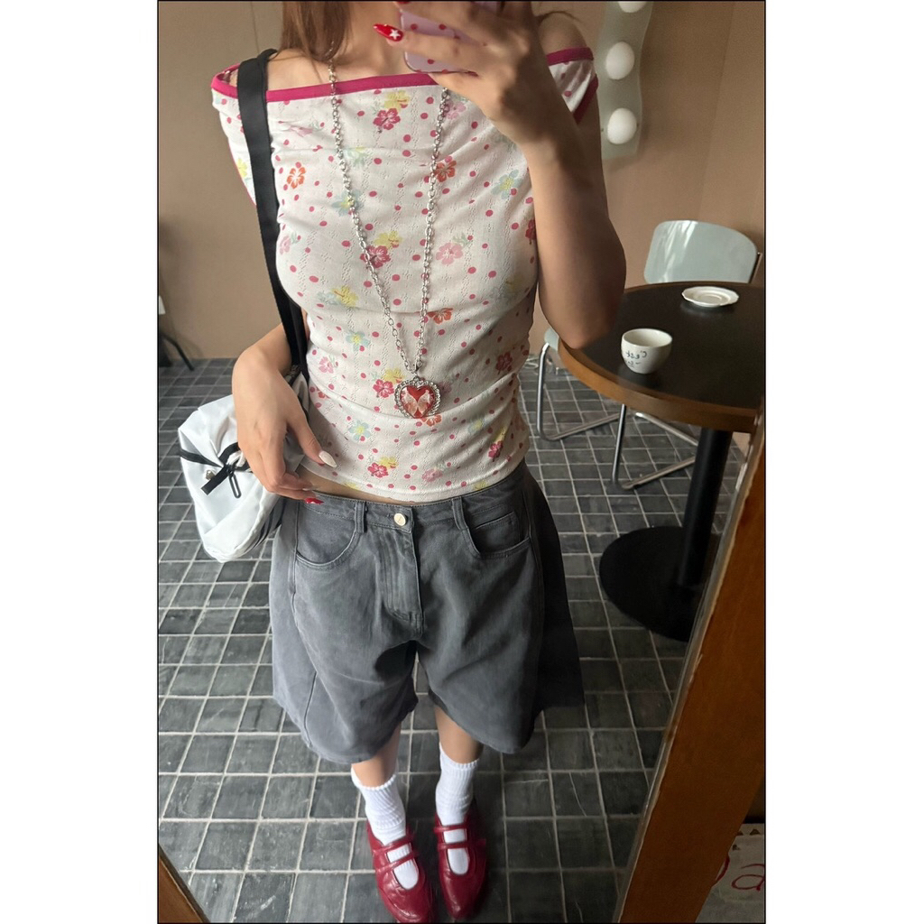 CGGA อเมริกันสูงด้านล่างดอกไม้ Polka Dot Sun Protection ไหล่เดียวแขนสั้น Elegant TOP ผู้หญิง