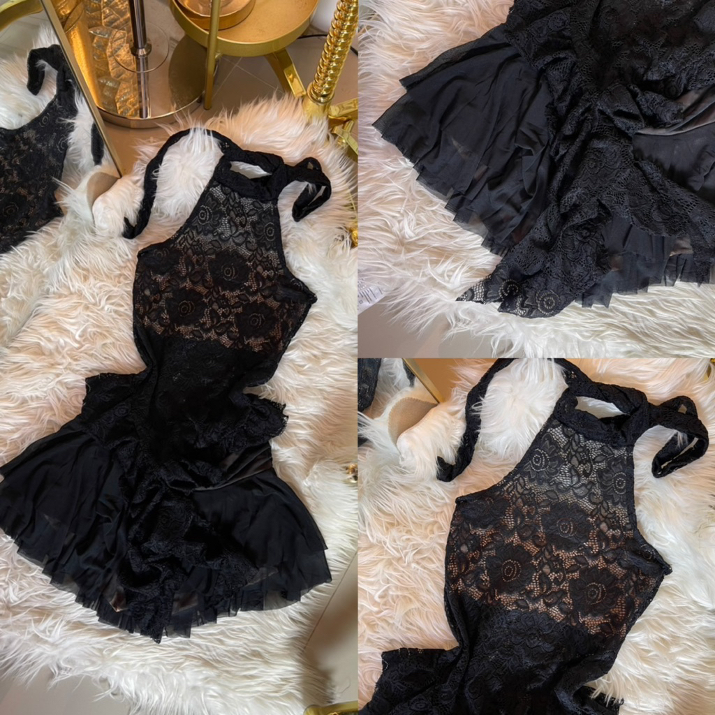 Set เสื้อลูกไม้ผูกคอแต่งชายระบายกระโปรงตาข่ายซีทู MB (FFF)