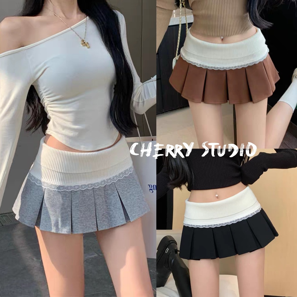 Cherry✨พร้อมส่ง✨กระโปรงสั้นผู้หญิง🐼เอวสม๊อคแต่งลูกไม้ ทรงรัดเอว กระโปรงพลีทสั้นสุดฮิต เนื้อผ้าดี เซ็กซี่แซ่บ ใส่ไปทะเล