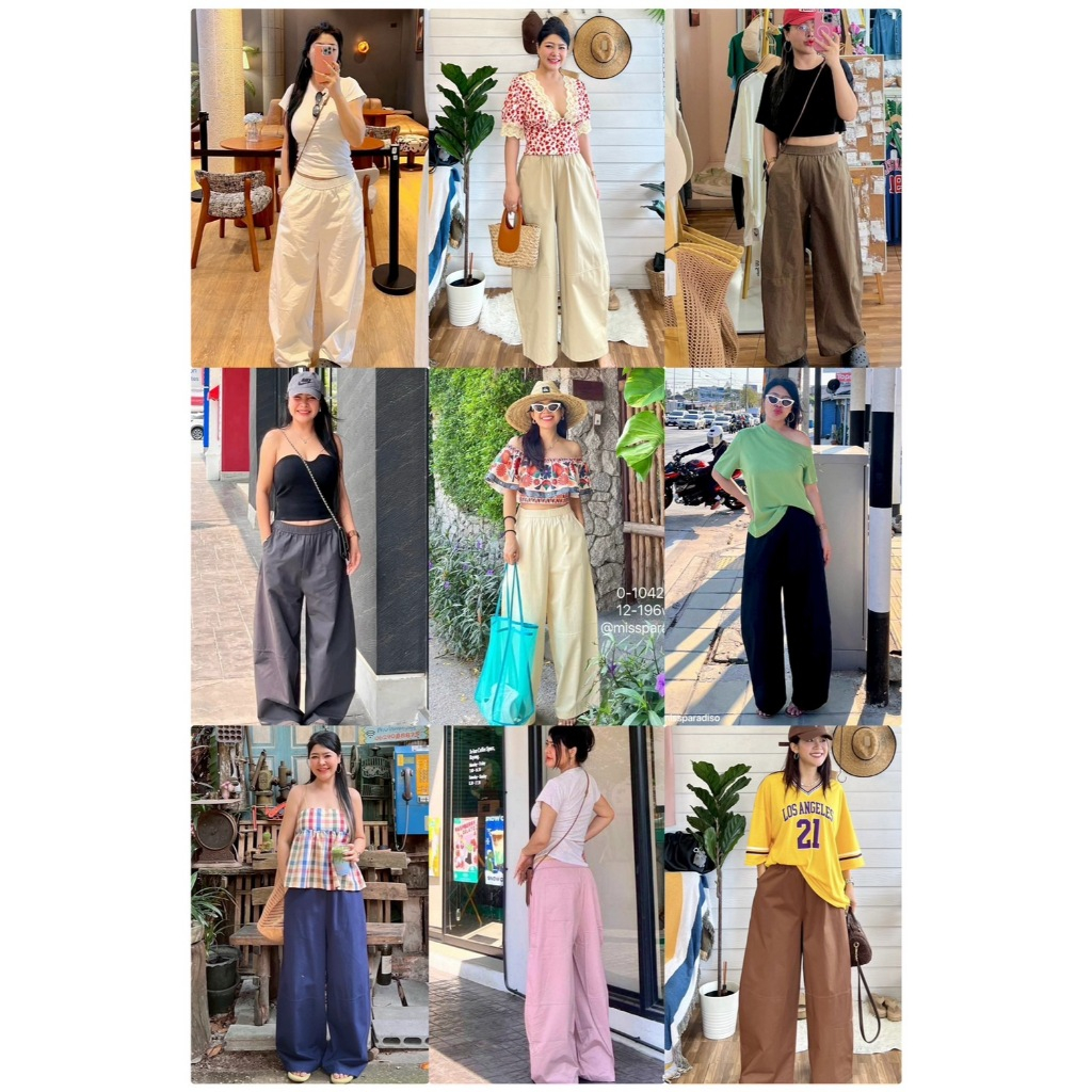 12-196WS กางเกงยาวขาบานเอวยืด🌈🏝️กางเกงผ้าคอตตอนเนื้อดี ทรงกระบอกใหญ่ เอวสม๊อค ฟรีไซส์ มินิมอลสไตล์ มีกระเป๋าข้าง