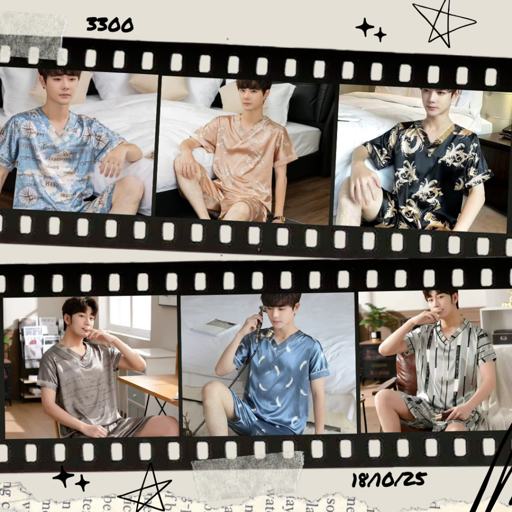 3300-1 Mmeimei ชุดนอนผู้ชายแขนสั้นขาสั้น **คอวี แต่งลวดลายน่ารักๆ เนื้อผ้าซาตินบาง ใส่สบาย (สินค้าพร้อมส่ง)