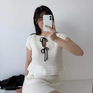 MOMOKA.KNIT🍑 เสื้อลายถักแขนสั้น ดีเทลโบว์🎀 Cute Knit Girl🌷