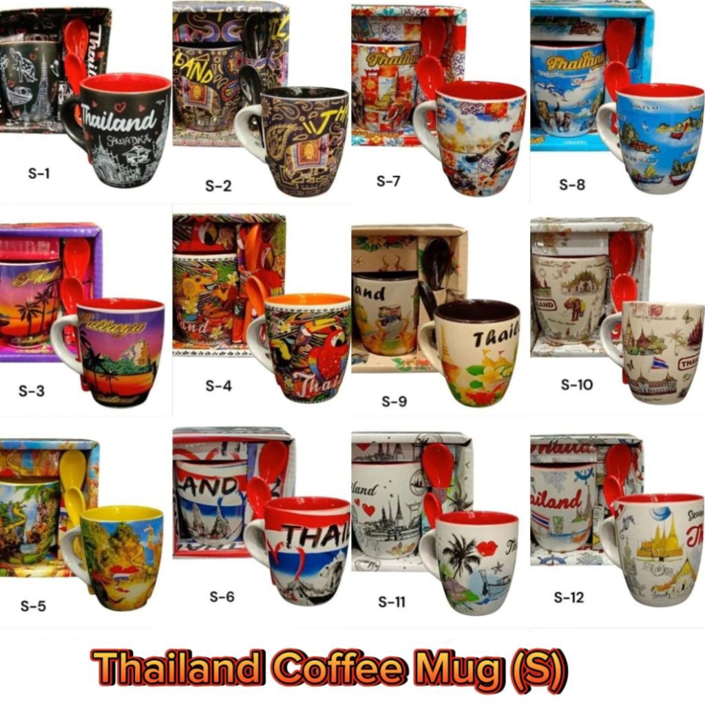 แก้วกาแฟเซรามิค ไซส์S 85ml.แก้วกาแฟเซรามิคพร้อมช้อน แก้วลายไทย ของที่ระลึก  Thai Souvenir ลายเยอะ Thailand coffee mug
