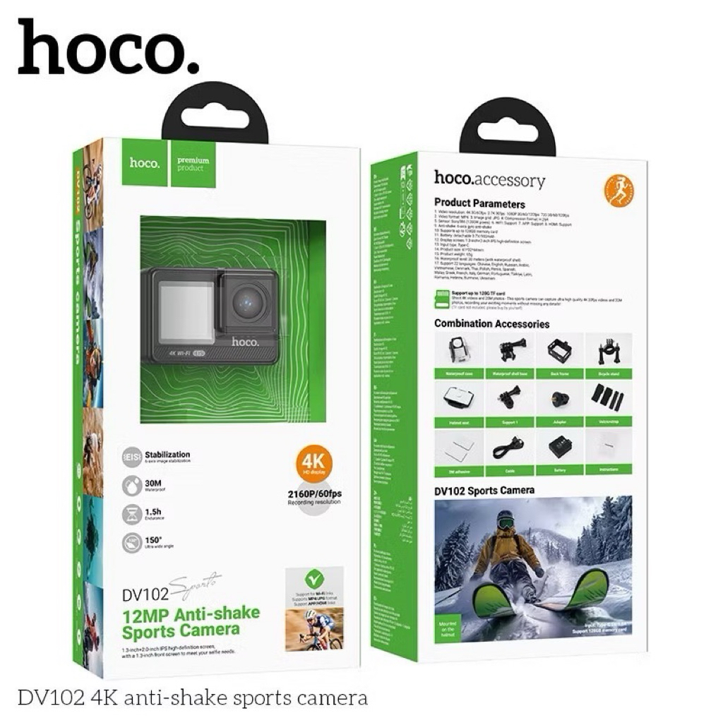 HOCO DV102 กล้องแอคชั่น Sports camera คุณภาพ 2160P/60fps กล้องกันน้ำลึก 30 เมตร เลนส์กว้าง 150 องศา