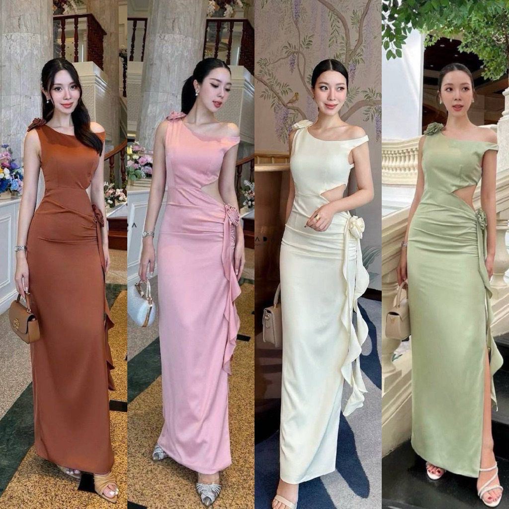 พร้อมส่ง•LALADA•เดรสไปงานสวยหรู  ใส่แบบไหล่ตก แอบมีความเซ็กซี่ช่วงเอว แต่งดอกไม้ช่วงเอวและไหล่