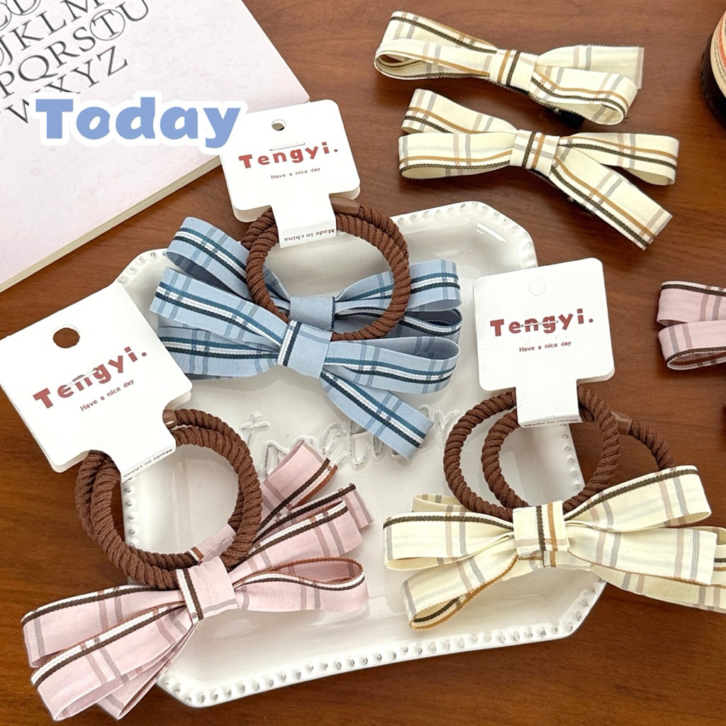 Cute 356 กิ๊บติดผม กิ๊บหนีบผม ยางรัดผมลายสก็อต 2 ชิ้น/แพ็ค