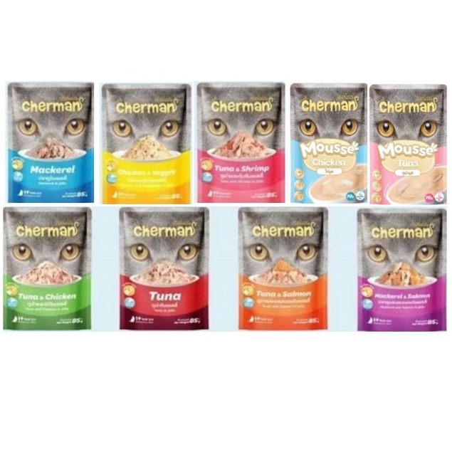 (ยกโหล 12 ซอง) Cherman อาหารเปียก แบบมูส และแบบเยลลี่ สำหรับลูกแมว และแมวโต ขนาด