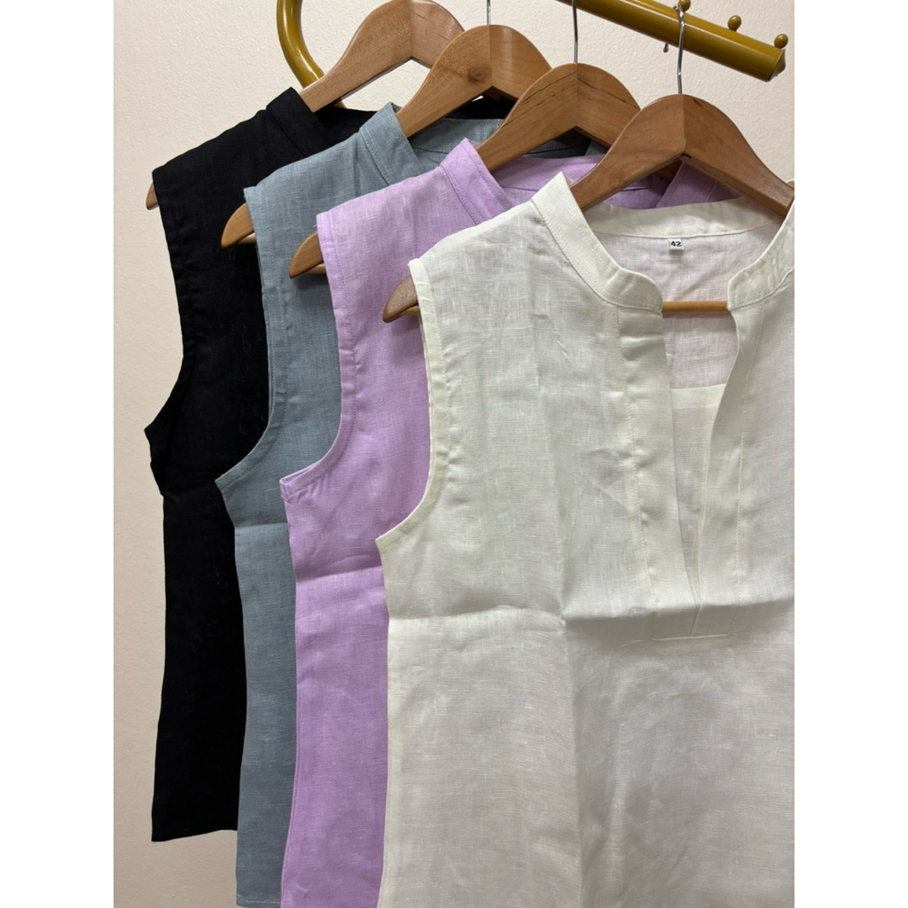 เสื้อคอจีน แขนกุด ปลายเสื้อบานออกเล็กน้อย ผ้าลินินแท้ สีพื้นและพิมพ์ลายกราฟฟิก แบบเรียบ คลาสสิค “อก 42 นิ้ว“