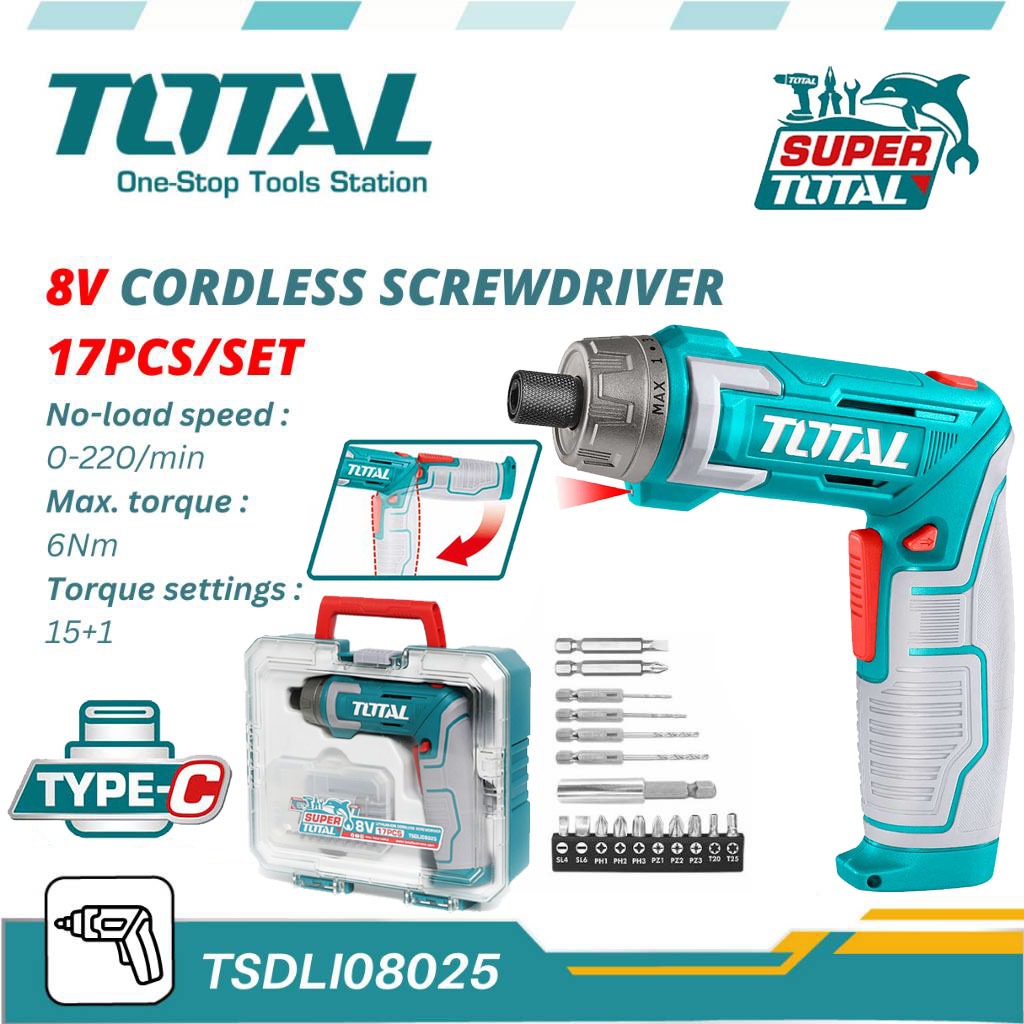 TOTAL ไขควงแบตเตอรี่8V. 17 ตัวชุด รุ่น TSDLI08025 ใช้สายชาร์จ Type-C ไม่มีแถมมานะคะ