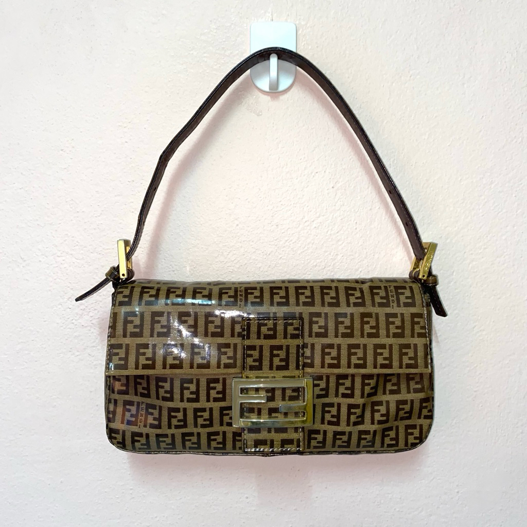 กระเป๋า มือสอง ของแท้ FENDI Zucchino Mamma Baguette Shoulder Bag Coated Canvas Beige Auth วินเทจ สภา