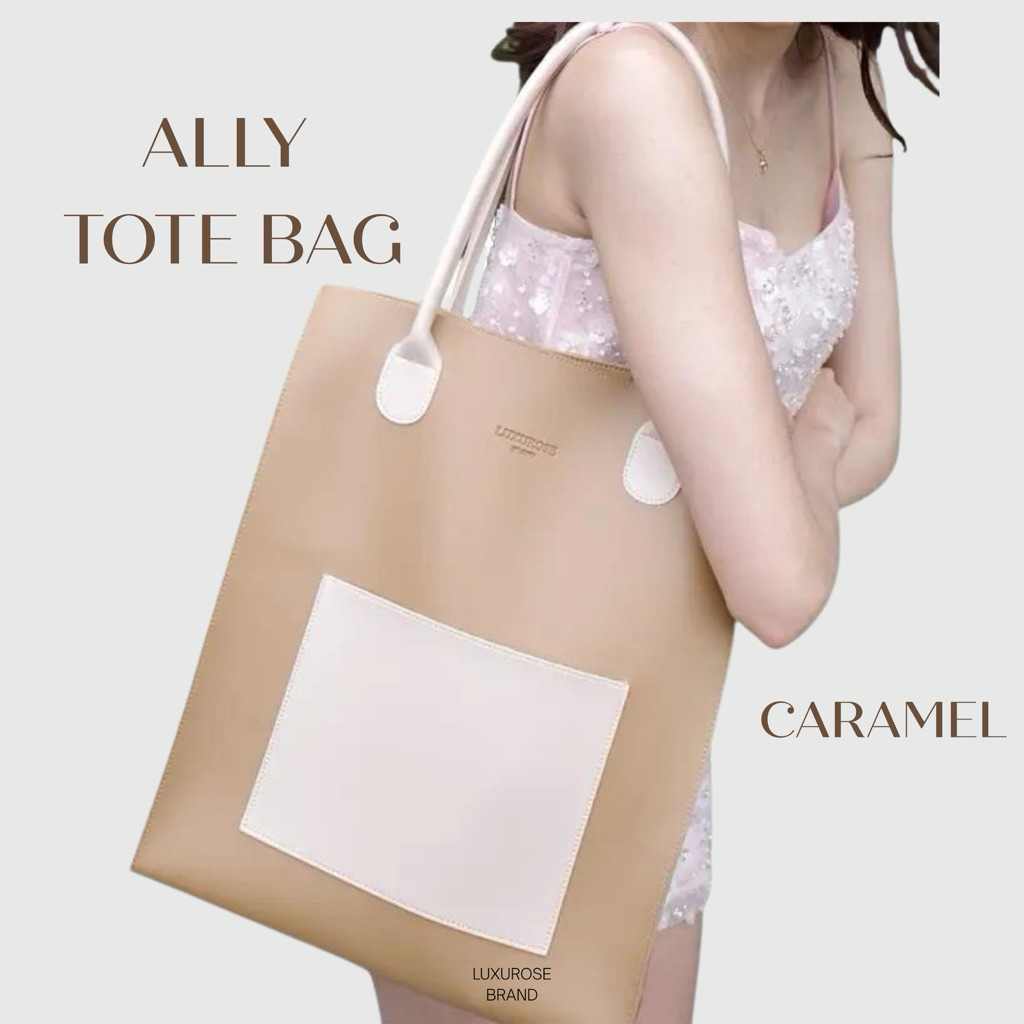 ALLY TOTE BAG CARAMEL🧡🤍 กระเป๋าสะพายทำงาน ใส่เอกสาร โน๊ตบุค พร้อมส่ง