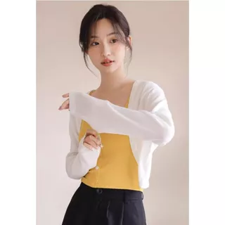 เสื้อคลุมแขนยาว ดีไซน์ชายผ้าโค้ง สีขาว/สีดำ ทรงครอป ผ้าโพลิเอสเตอร์ แมทซ์ได้ทุกลุค เสื้อคลุมกันแดด #7788