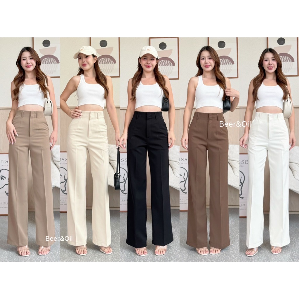 B0045  Beer&Oil กางเกงขายาวเอวสูงขากระบอกผ้าลิลลี่ งานตะขอหน้าขอบในตัวขาตรงหู มีกระเป๋า